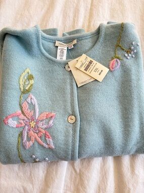 Coldwater Creek Pastel Blue Embroidered Cardigan 100%Wool